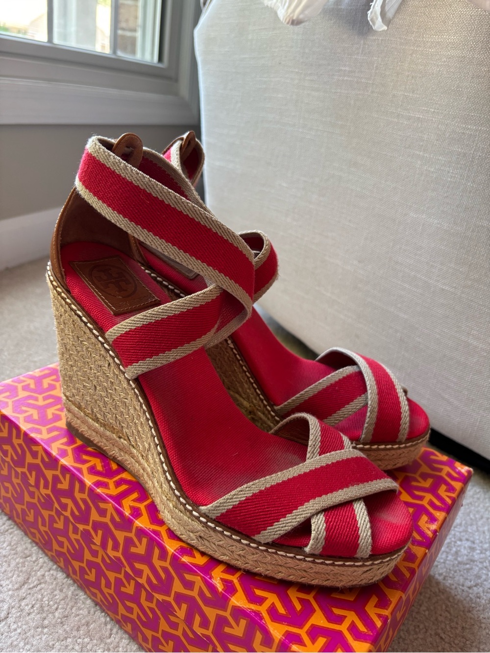 Tory Burch Red Canvas and Natural Trim Wedge Sandals